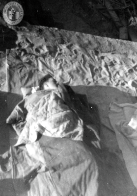 Bill Tascher sleeps on the set of "Beau Geste" parody, 1939