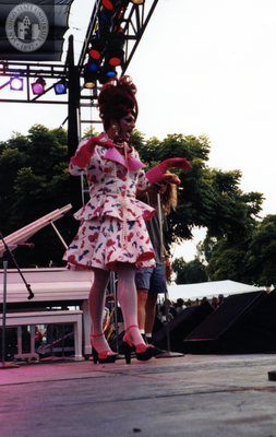Babbette Schwartz performing on stage at San Diego Pride, 1995