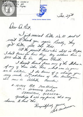 Letter from Robert H. Anderson, 1942