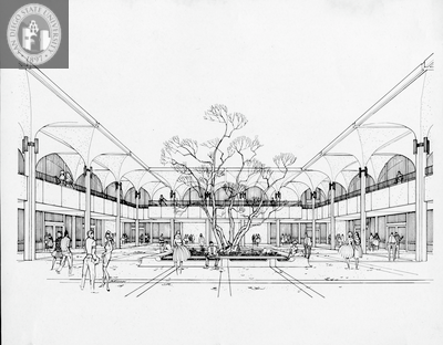 Architectural rendering of atrium of Aztec Center
